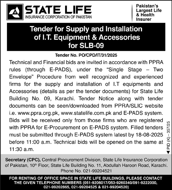 State Life Insurance Corporation of Pakistan Islamabad Tender Notice